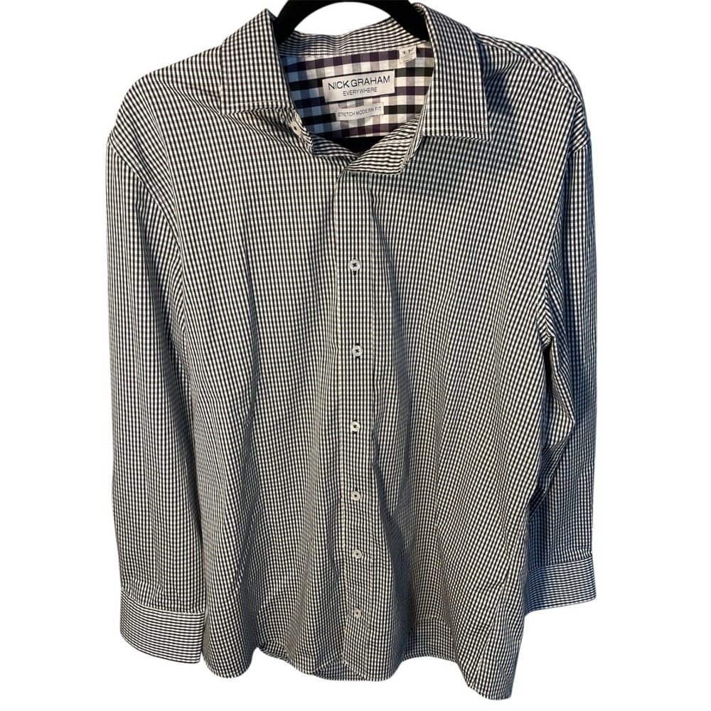 Nick Graham Dress Shirt Stretch Modern Fit Gingham‎ Checkered L/G